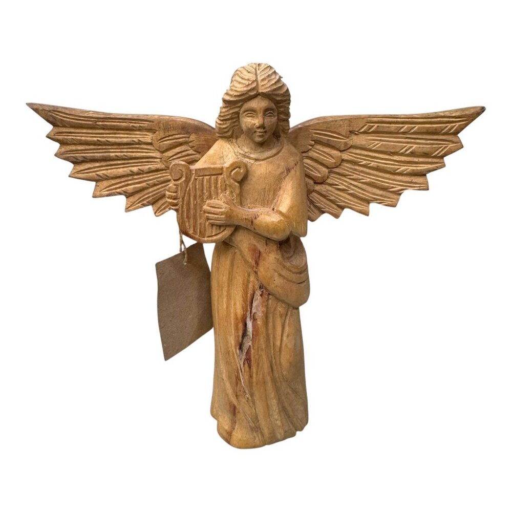 Creative Co-op Hand Carved Wooden Angel Harp Celestial Decor Mango Wood Wall Art